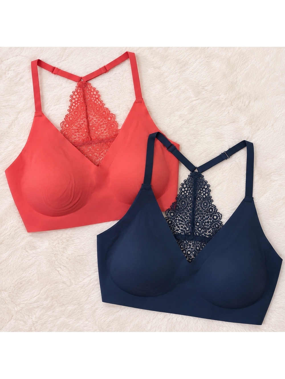 Maidenform Medium Coral Navy Lace Back Bralette 2 Piece Set Wireless Padded Bras